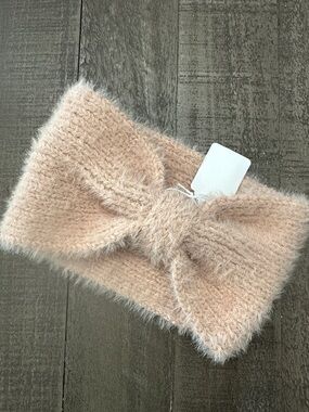 Fuzzy Bow Knit Wide Headband in Blush Pink